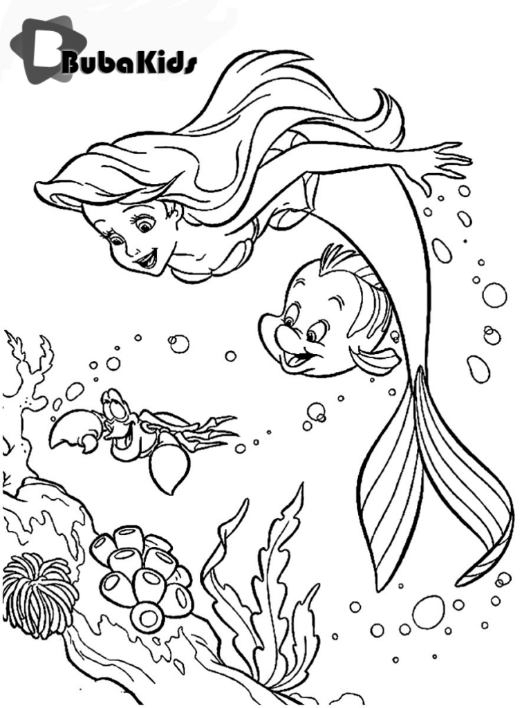 Ariel mermaid and Flounder cartoon coloring page - BubaKids.com