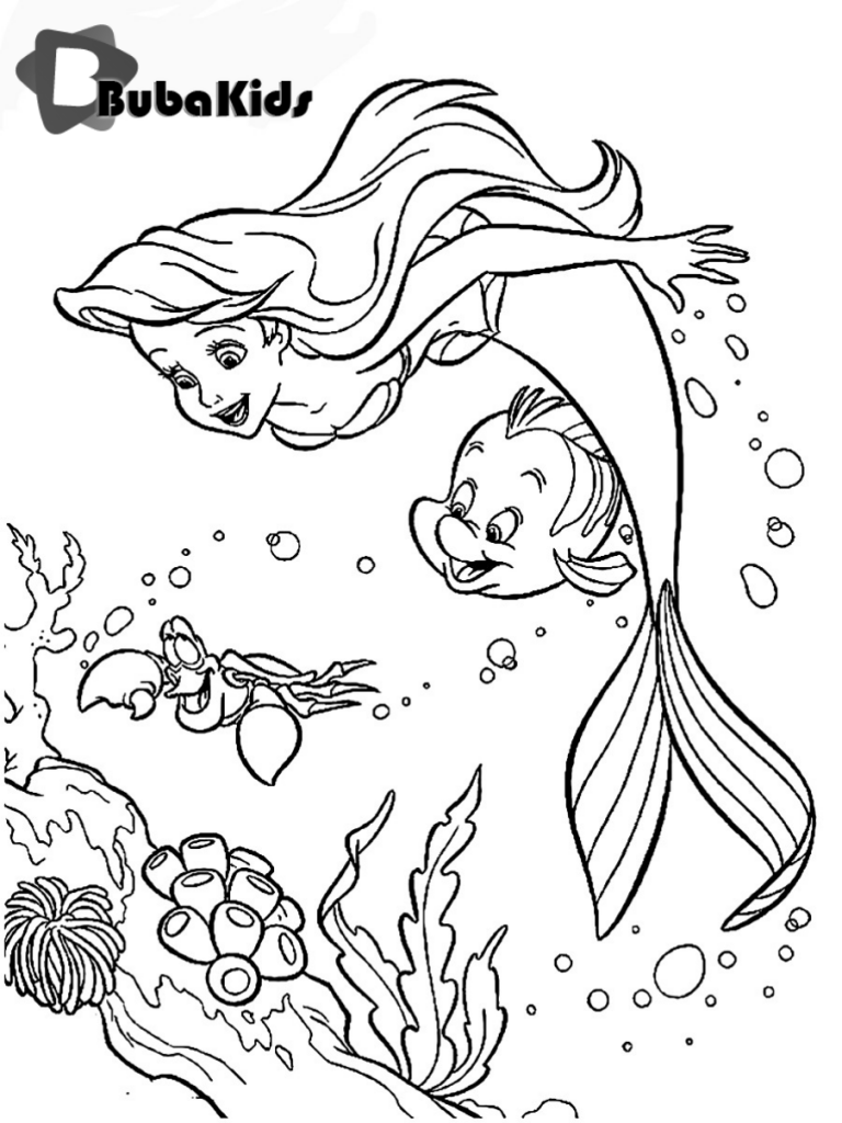 Ariel Mermaid And Flounder Cartoon Coloring Page BubaKids