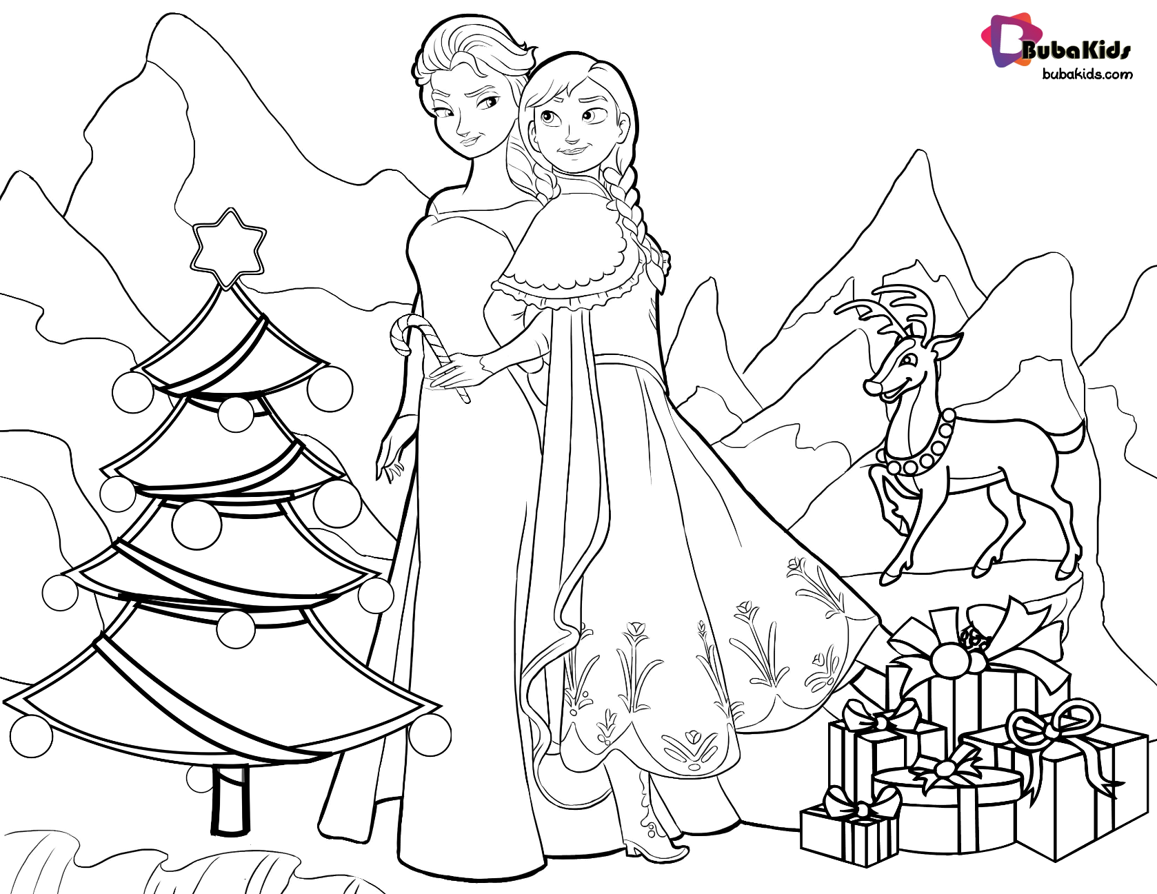 Frozen Queen Elsa and Princess Anna Christmas coloring page. - BubaKids.com