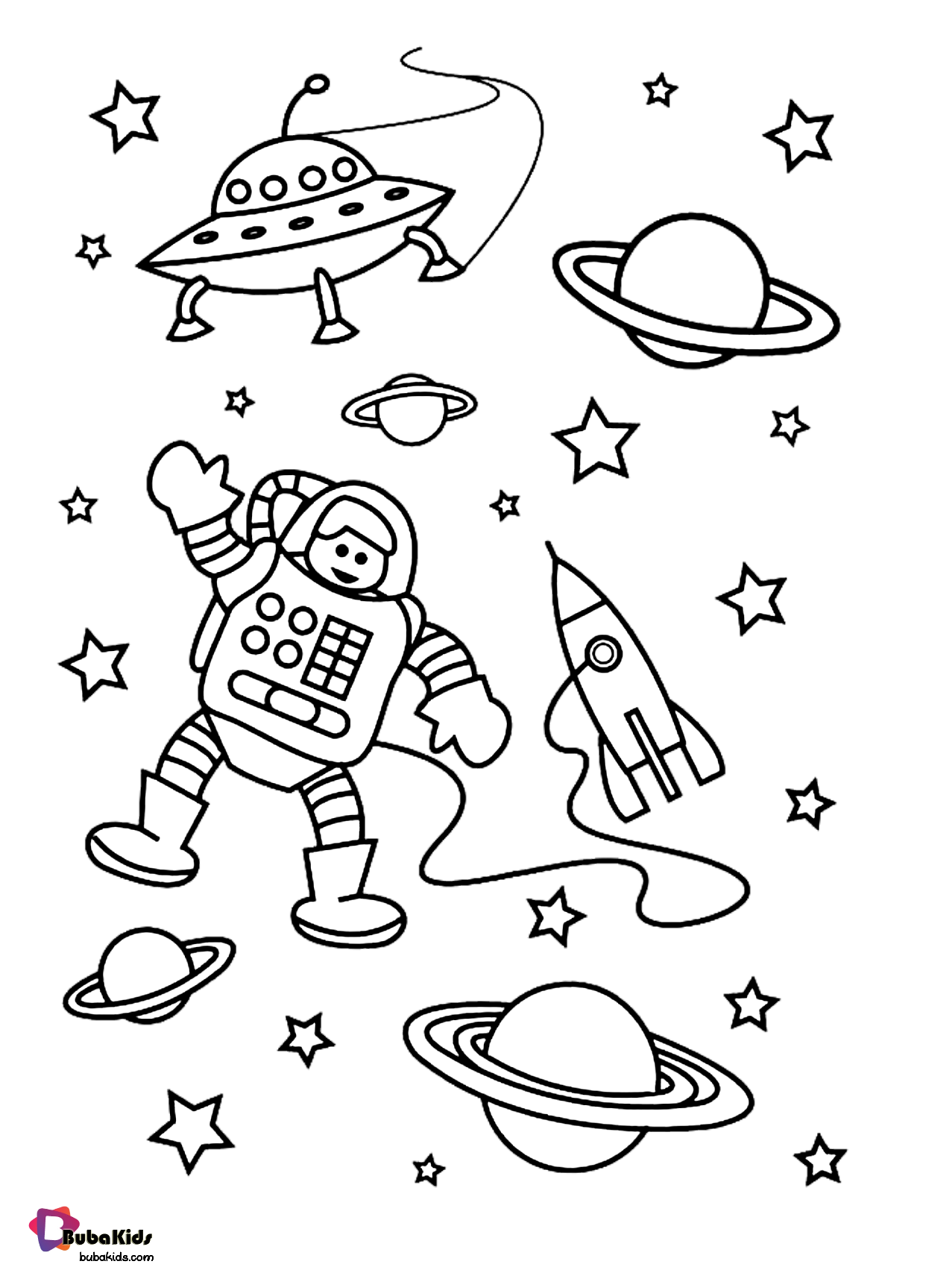 Astronaut in outer space coloring page - BubaKids.com