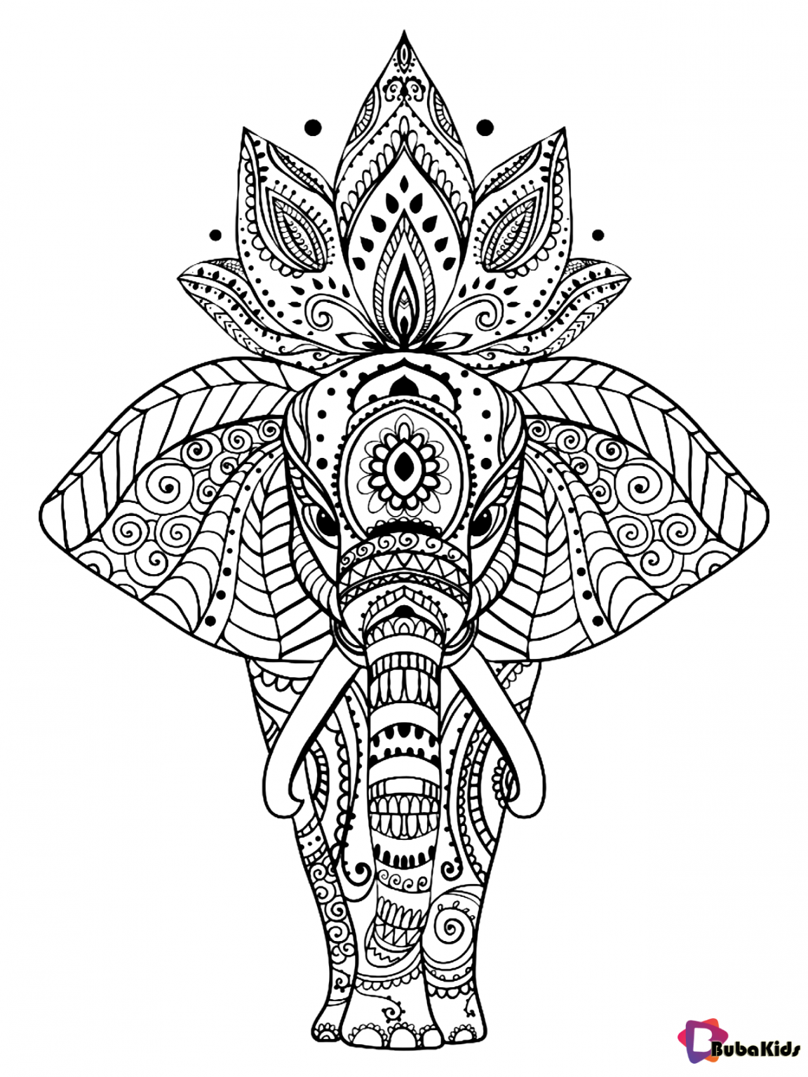 Animal elephant mandala coloring page for kids and adults - BubaKids.com