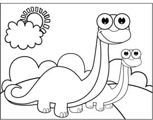 A brontosaurus and his baby stand and smile in this printable coloring page for …