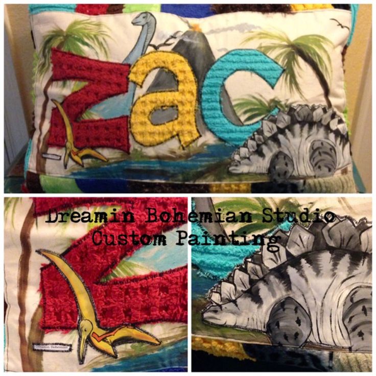 Custom Prehistoric Applique Name Pillow with Dinosaurs, Palm Trees and your Imag…