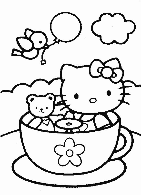 Hello Kitty Coloring Pages | Hello Kitty and teddy bear in tea cup coloring page Wallpaper