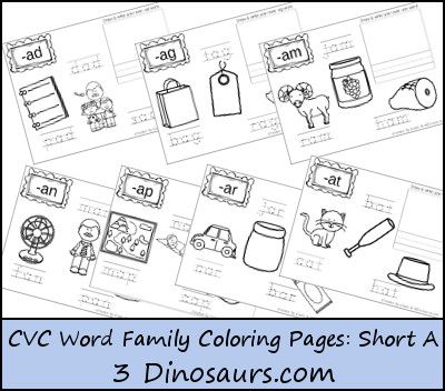 These FREE CVC Word Family Coloring Pages: Short A Vowel printables from 3 Dinos…