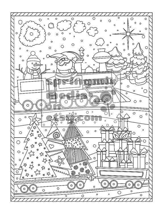 This Christmas Santa Train coloring page is so pretty, fun and holiday detailed!…