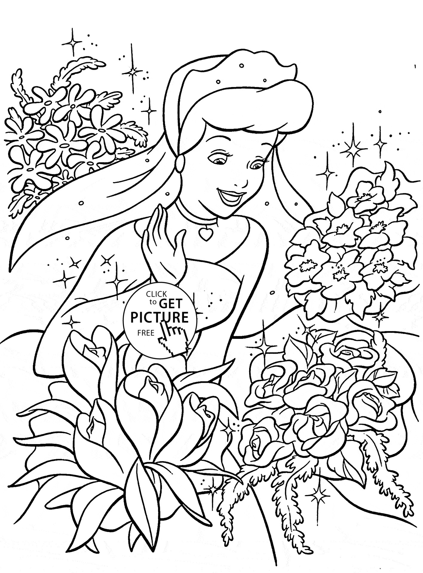 Princess Cinderella and many flowers coloring page for kids disney princess coloring pages printables free Wuppsy