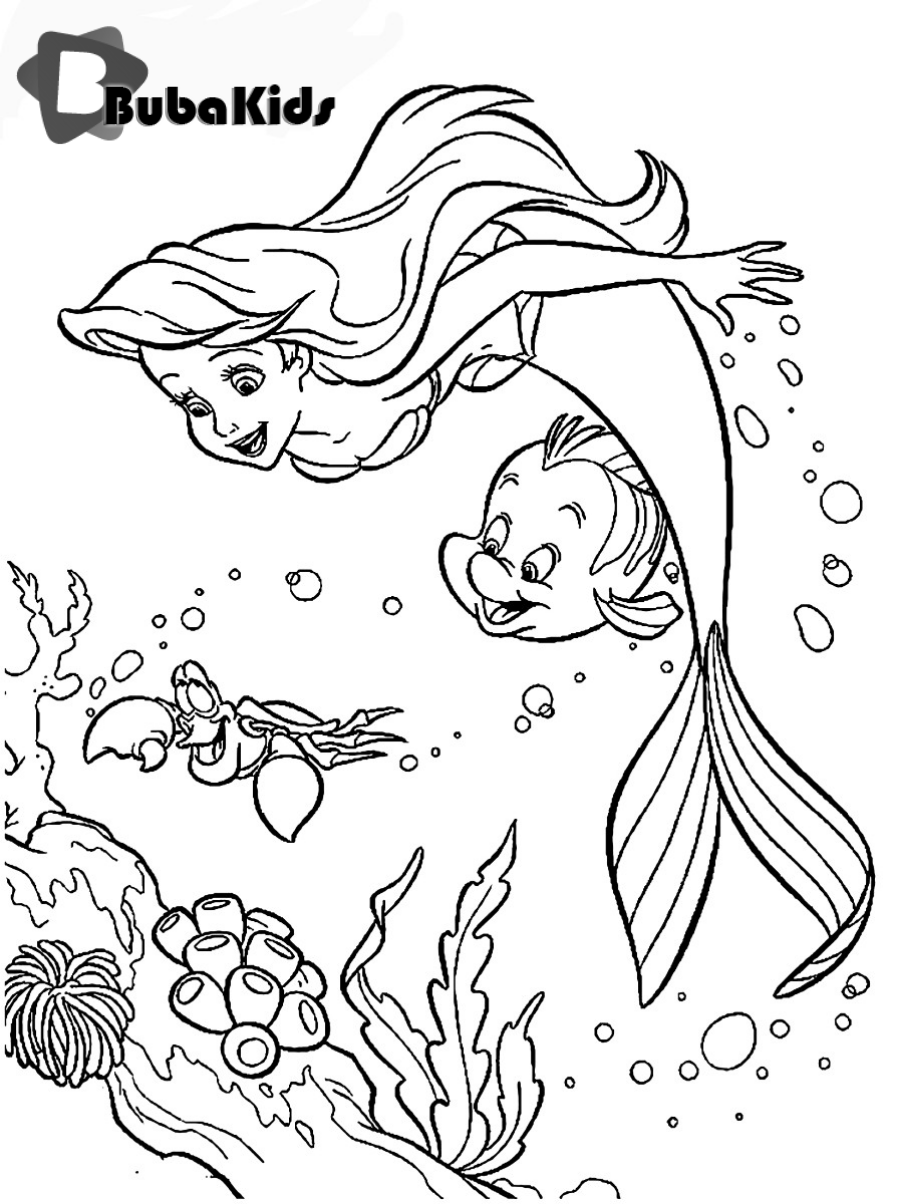 Ariel mermaid and Flounder cartoon coloring page Wallpaper