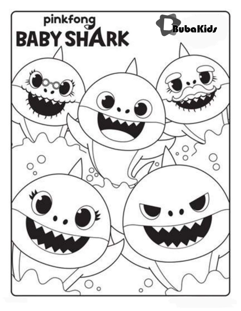 Baby Shark, Mama Shark, Papa Shark, Grandma Shark, and Grandpa Shark are out for a family swim coloring page. Wallpaper