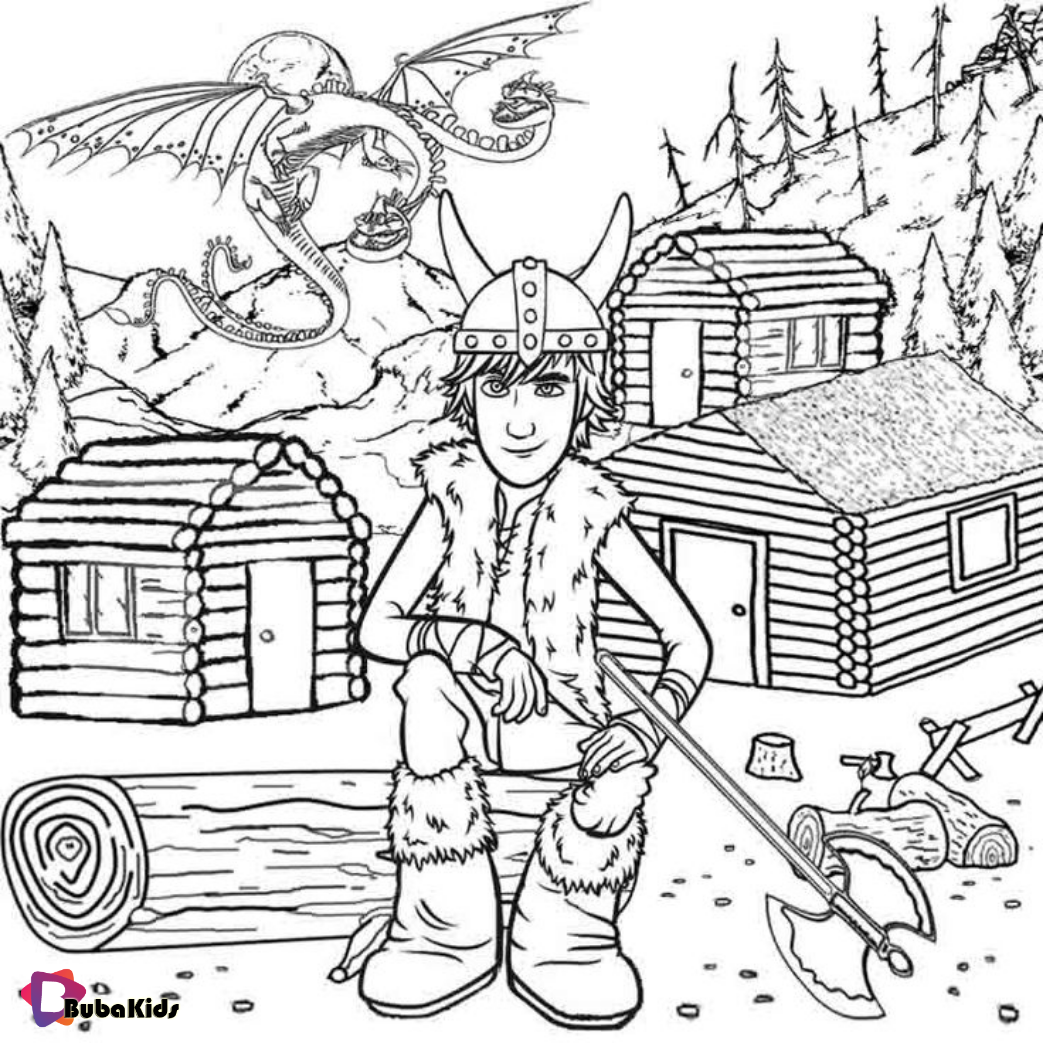 Two headed dragon wooden log Viking cabins Hiccup how to train your dragon coloring pages for kids Wallpaper