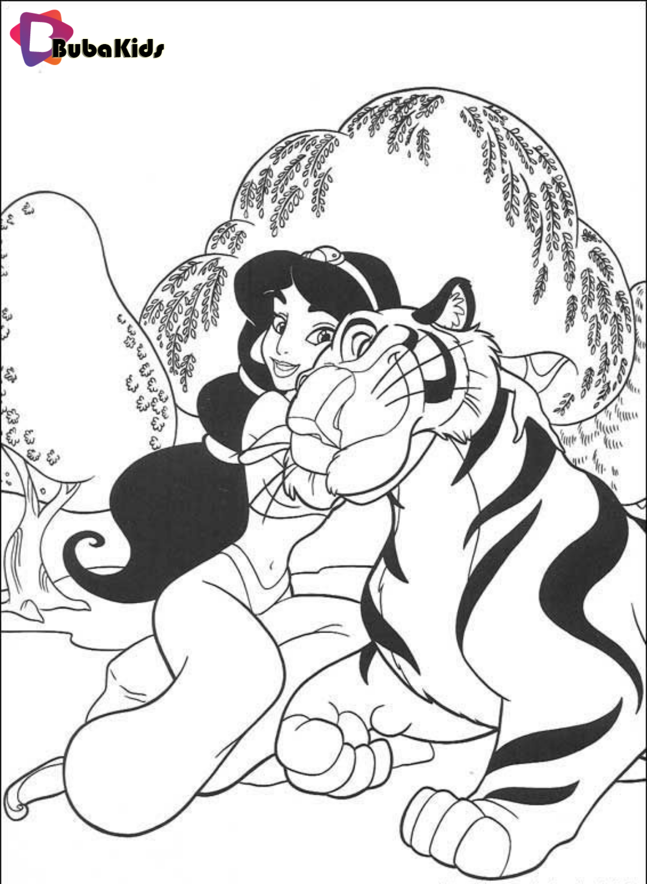 Aladdin coloring picture. Princess Jasmine and Rajah the tiger coloring pages on bubakids.com Wallpaper