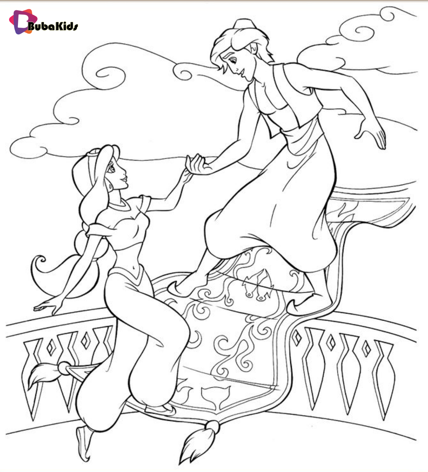 Disneys Aladdin and Princess Jasmine Coloring Page on bubakids.com