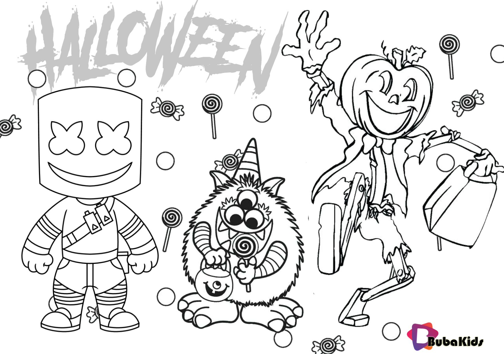 Marshmello, candy monster and jack o lantern costume ideas for halloween party coloring page.