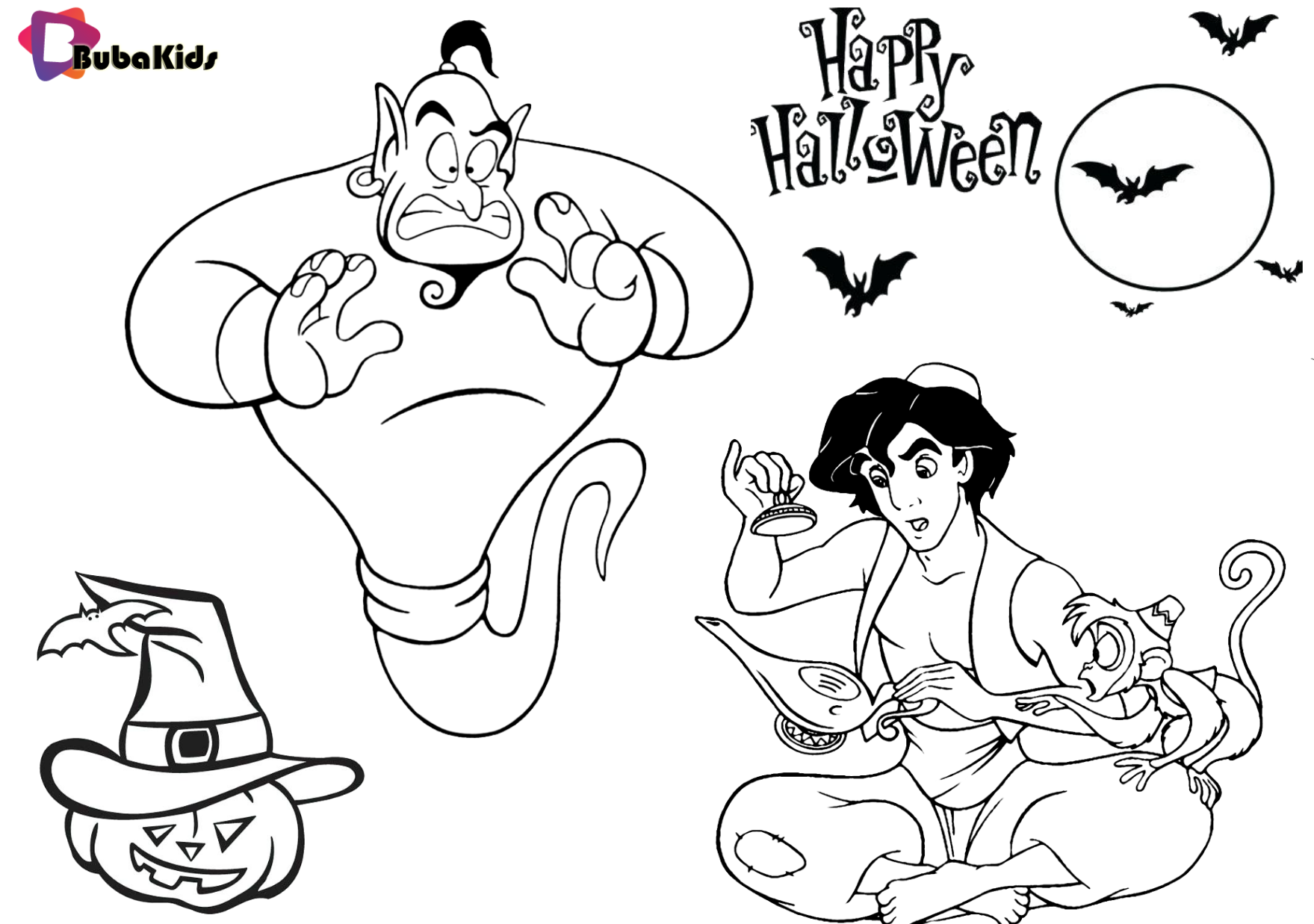 Aladdin, genie and abu Halloween 2019 costume ideas coloring page. Wallpaper