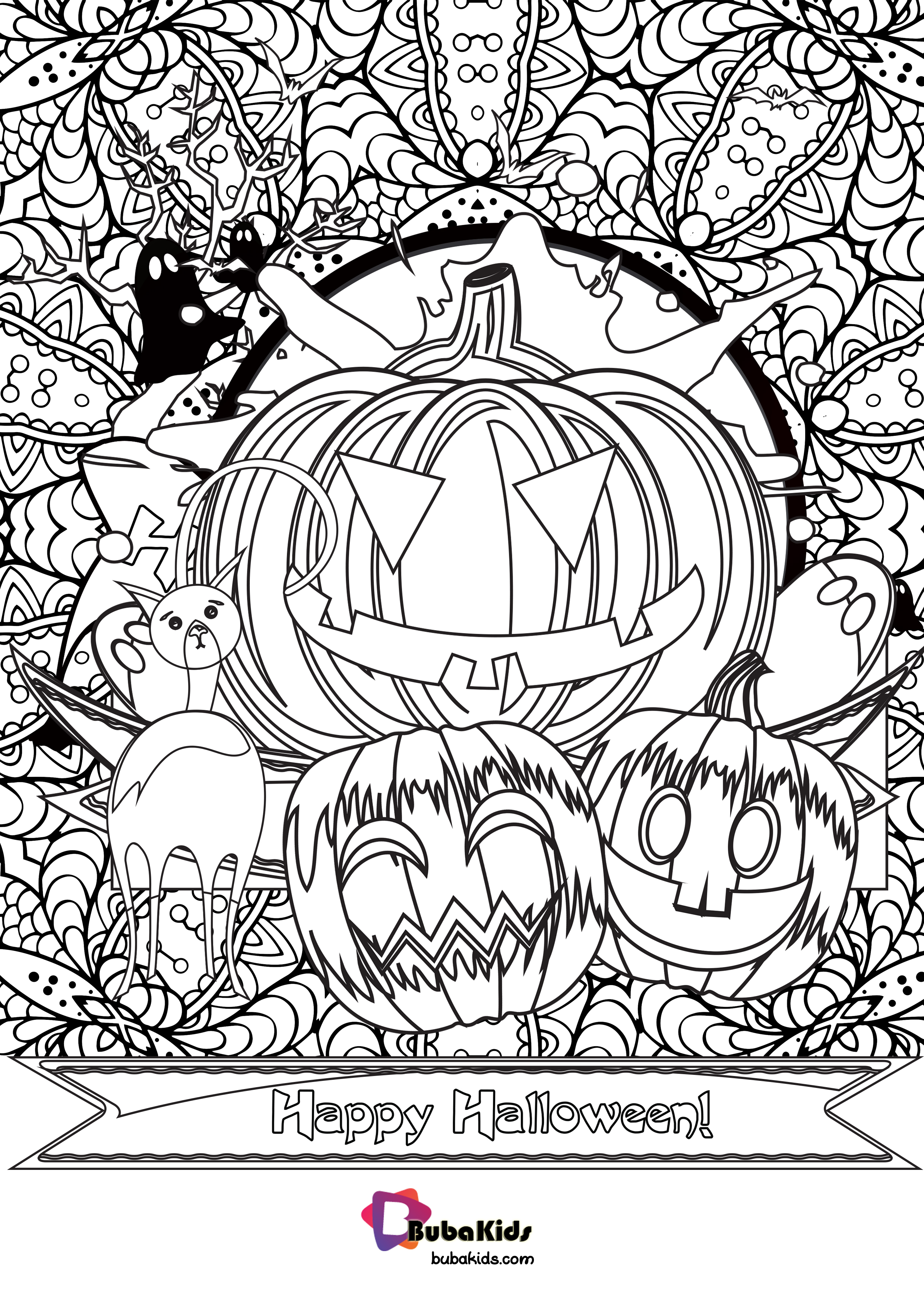 Happy Halloween Pumpkin and Cat Coloring Page Wallpaper