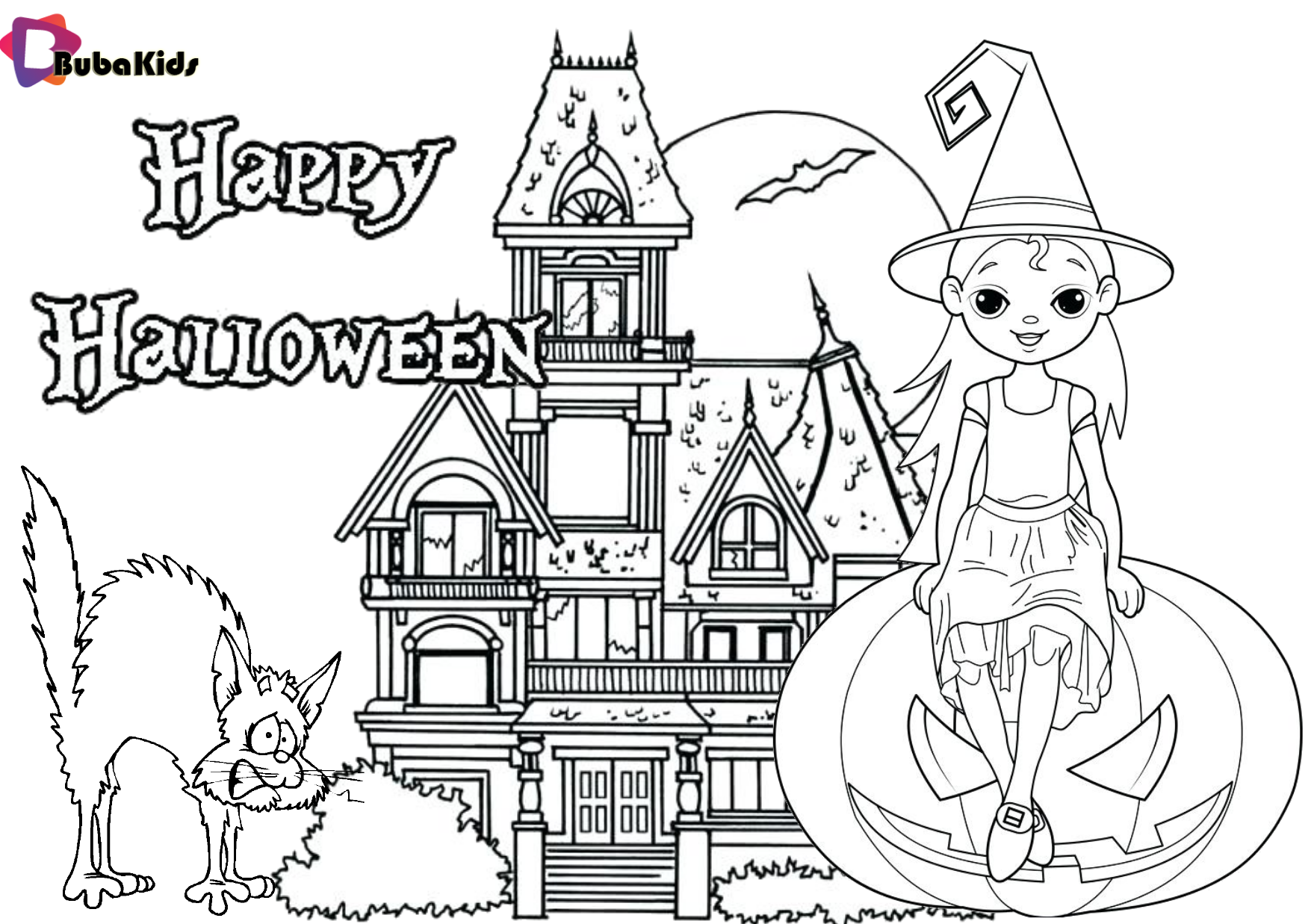 Little witch halloween party costume. Printable Coloring page. Wallpaper