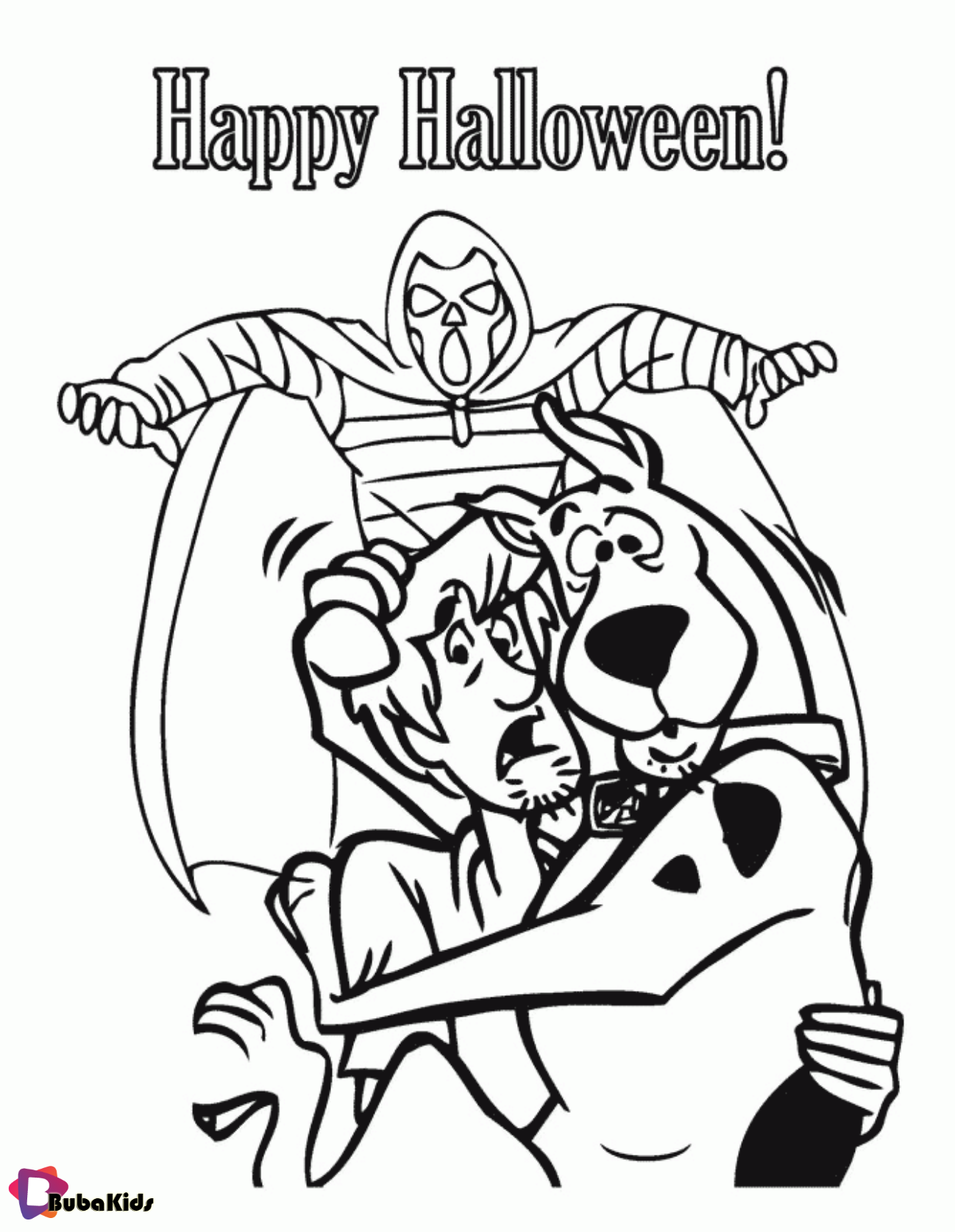 Happy Halloween Scooby Doo and Shaggy printable coloring page.