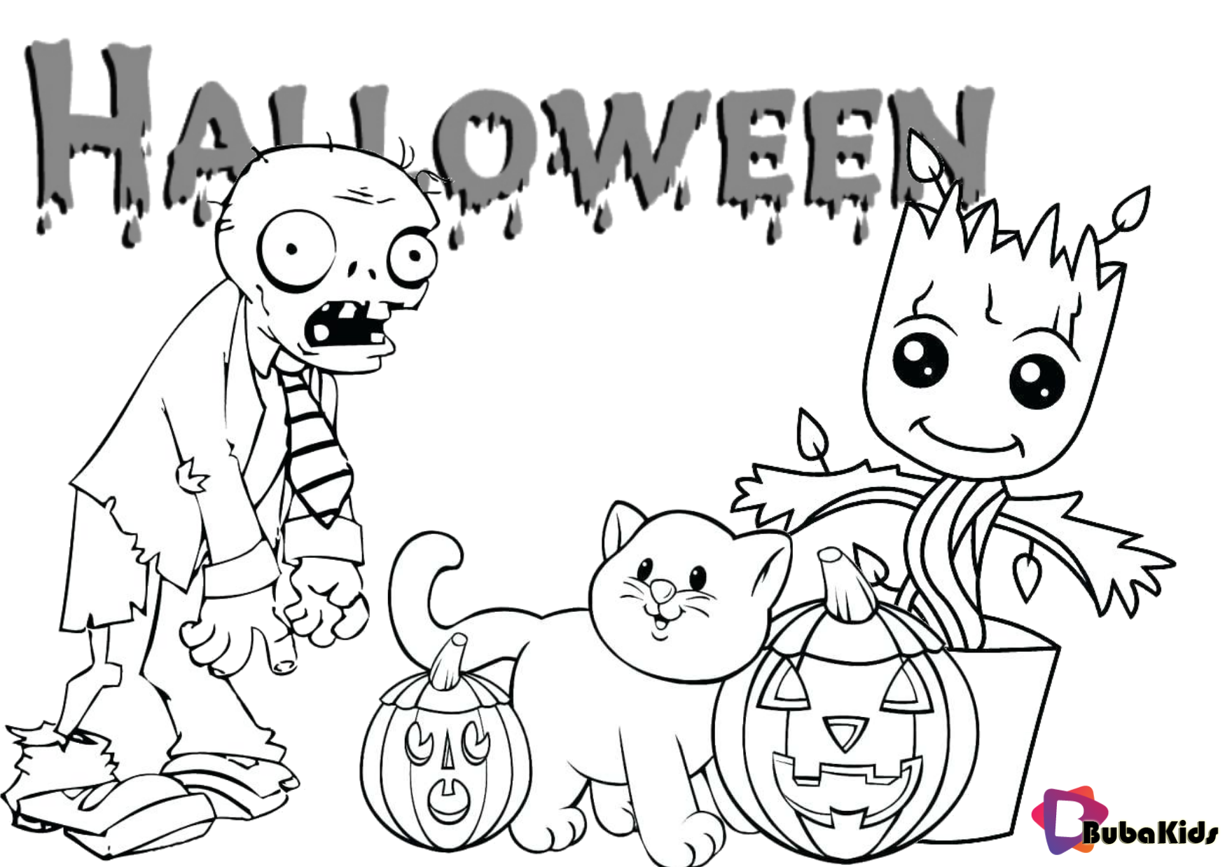 Zombie, plant and cat halloween 2019 printable coloring pages. Wallpaper