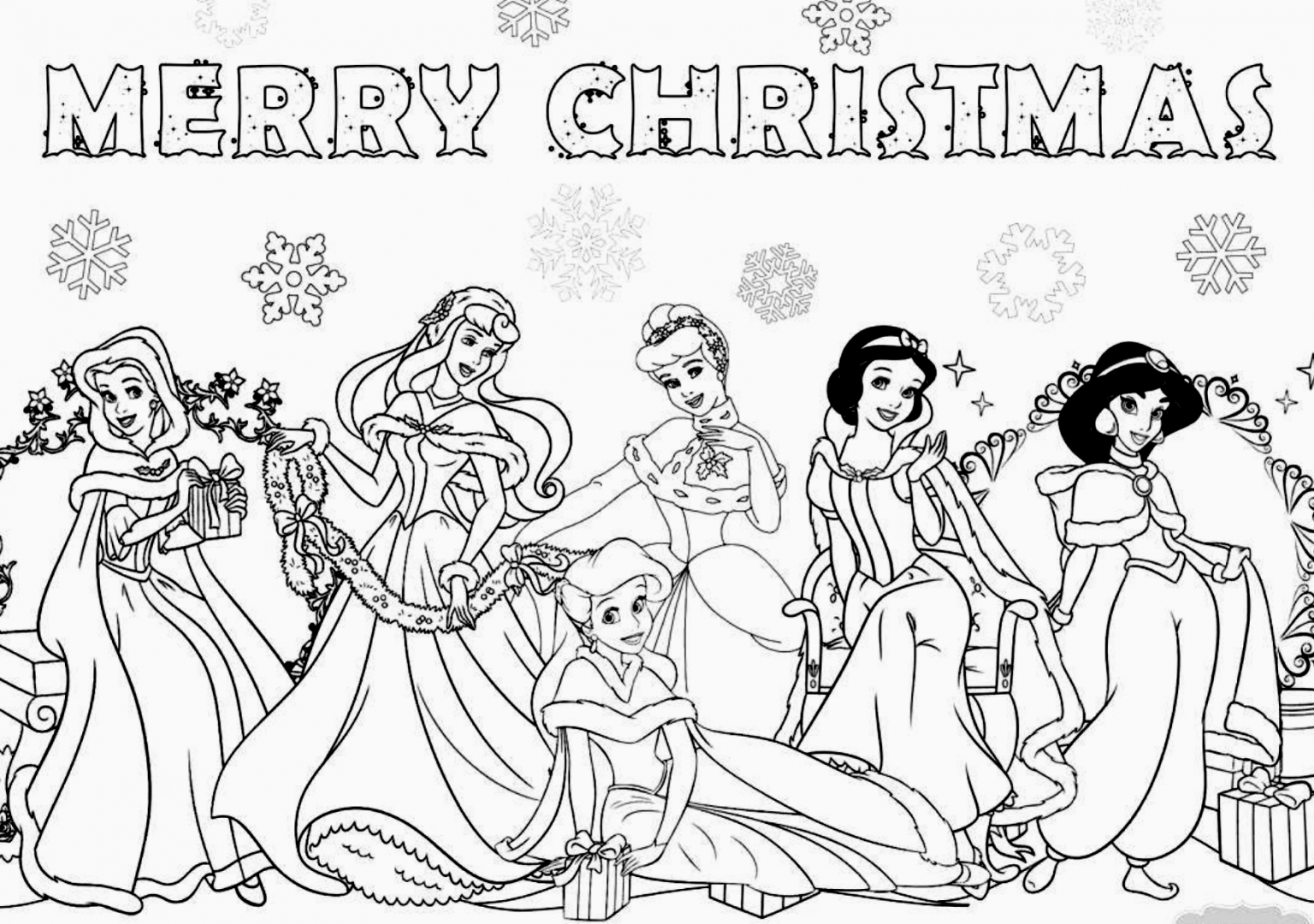 Free Printable Disney Princesses Merry Christmas Coloring Page BubaKids