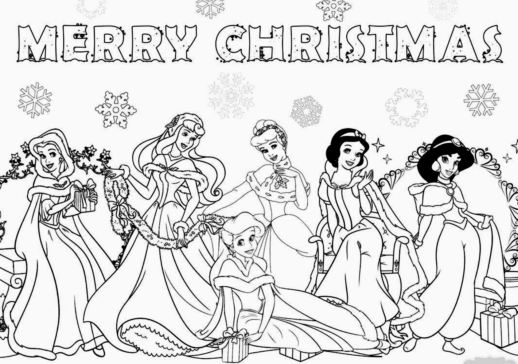 Free printable Disney Princesses Merry Christmas coloring page. Wallpaper