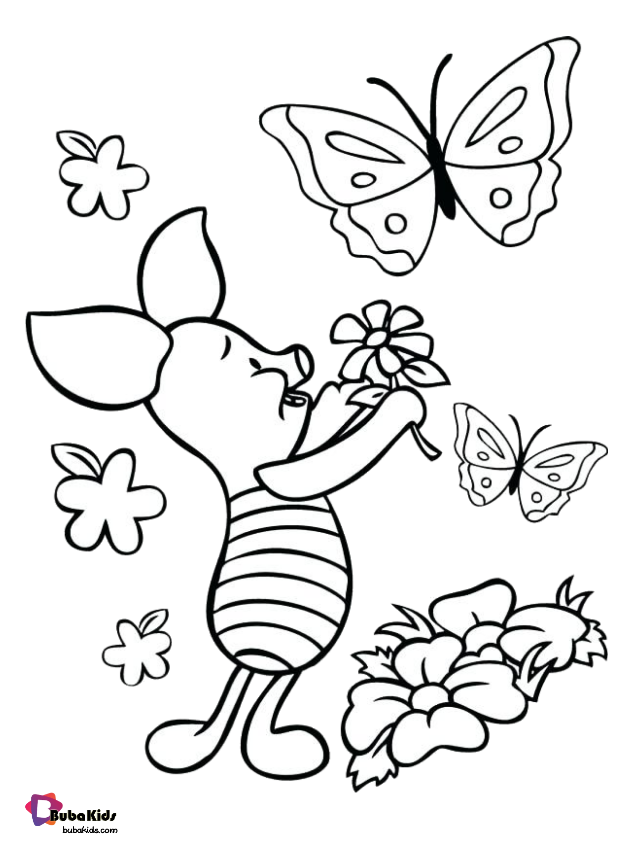 Piglet and butterflies printable coloring page.