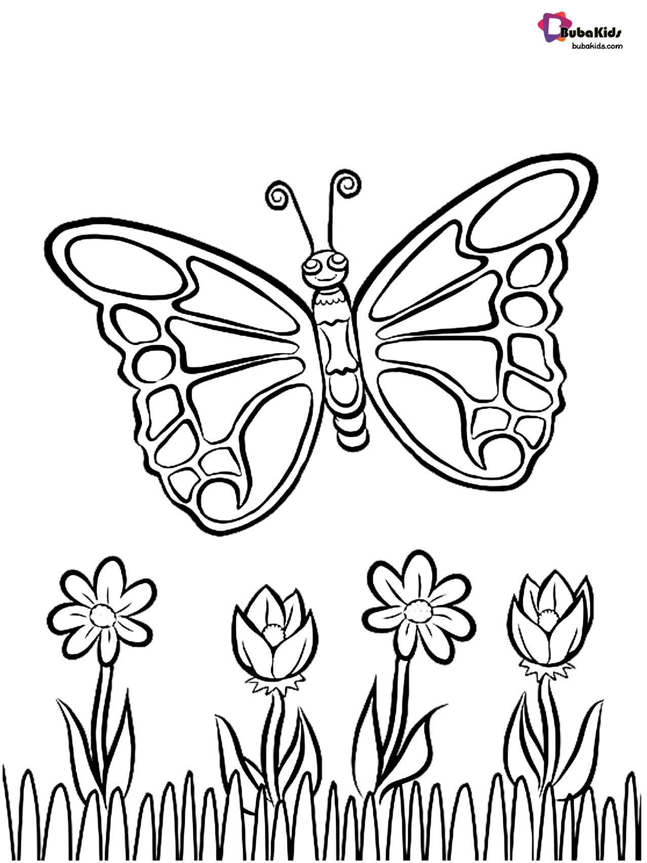 Beautiful butterfly and flowers coloring page Wallpaper