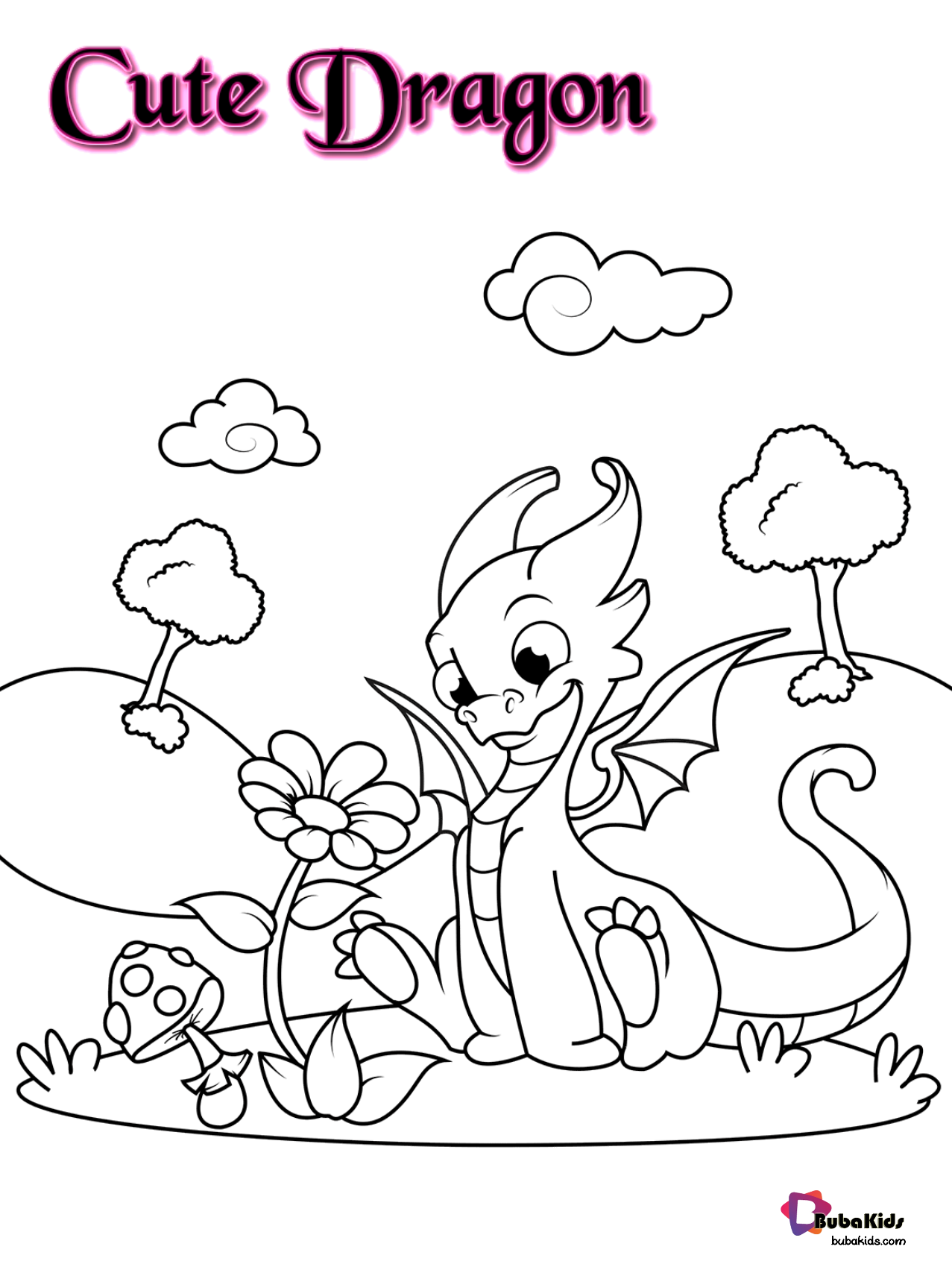 Free and printable cute dragon and flower coloring page Wallpaper