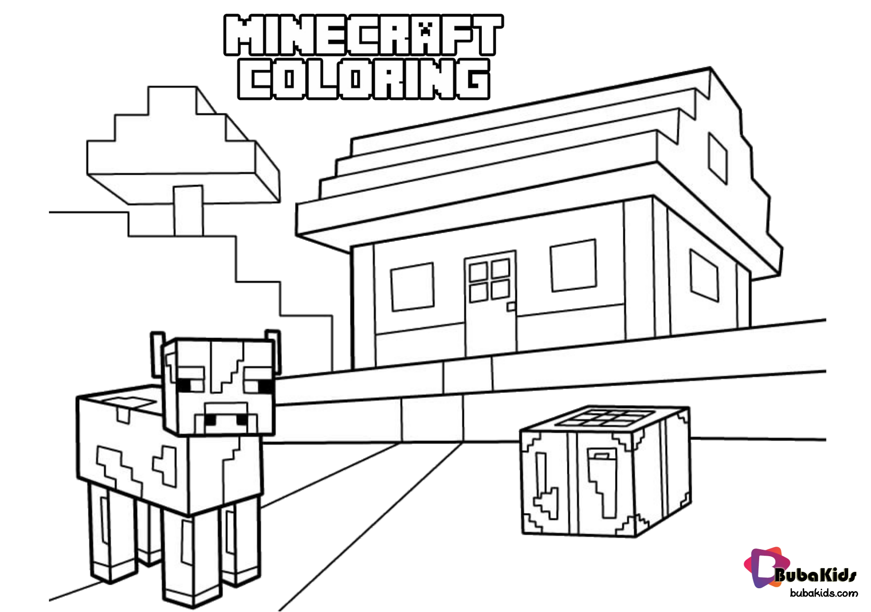 Printable Minecraft Cow With House coloring page Wallpaper