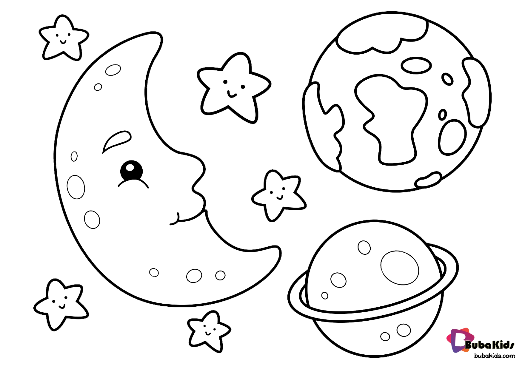 Moon earth stars and saturn outer space coloring page for toddlers Wallpaper