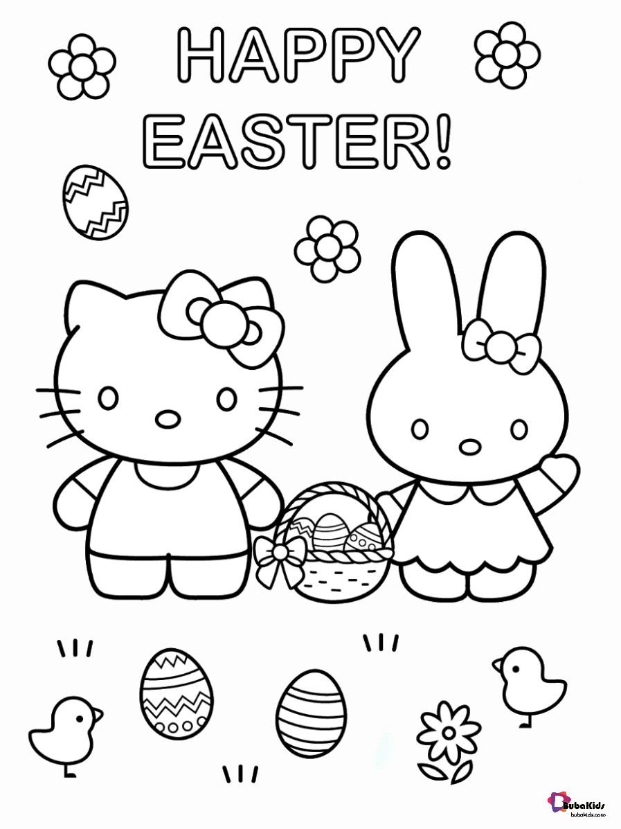 Happy easter Hello kitty and easter bunny easter eggs coloring page Wallpaper
