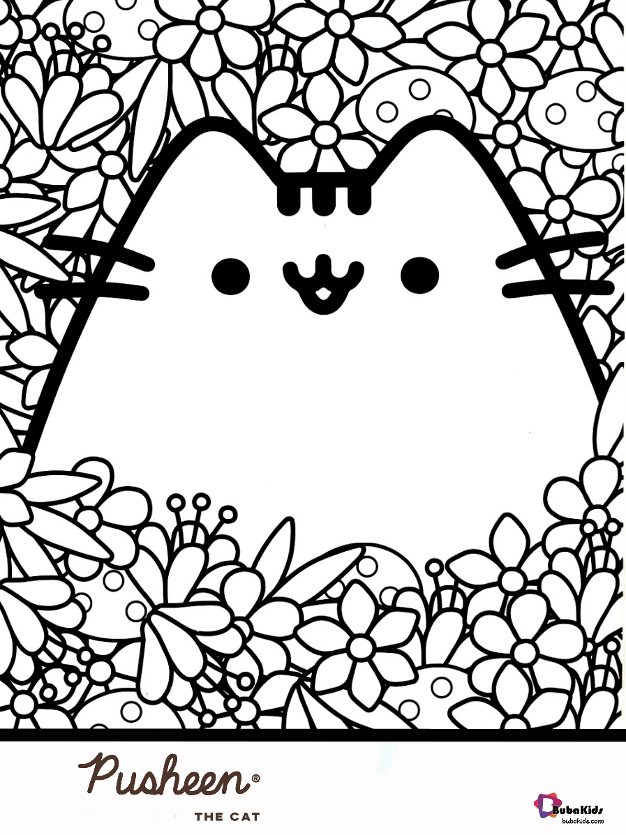 Pusheen the cat and flowers coloring page Wallpaper