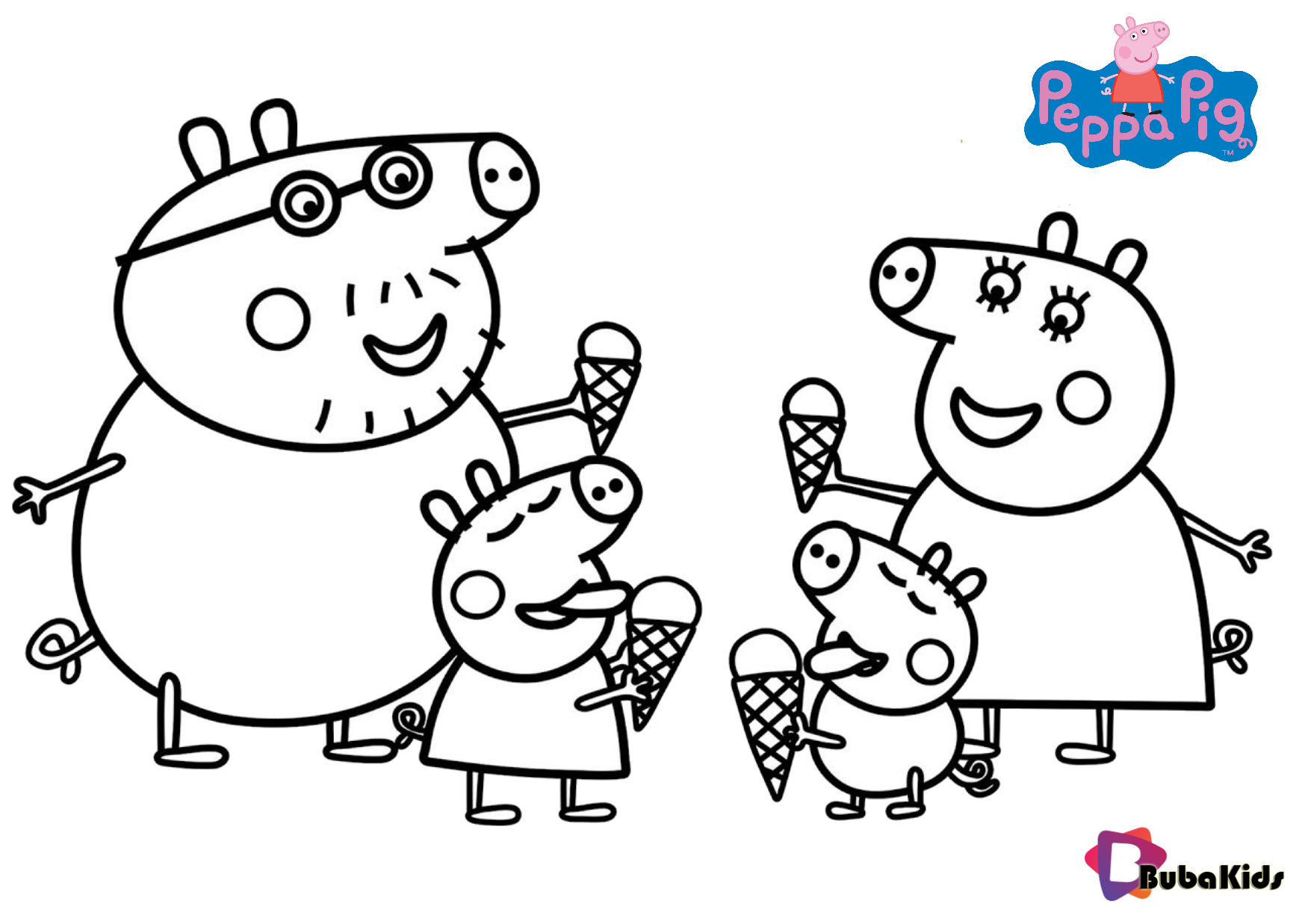 Peppa pig family and ice cream coloring pages | BubaKids.com