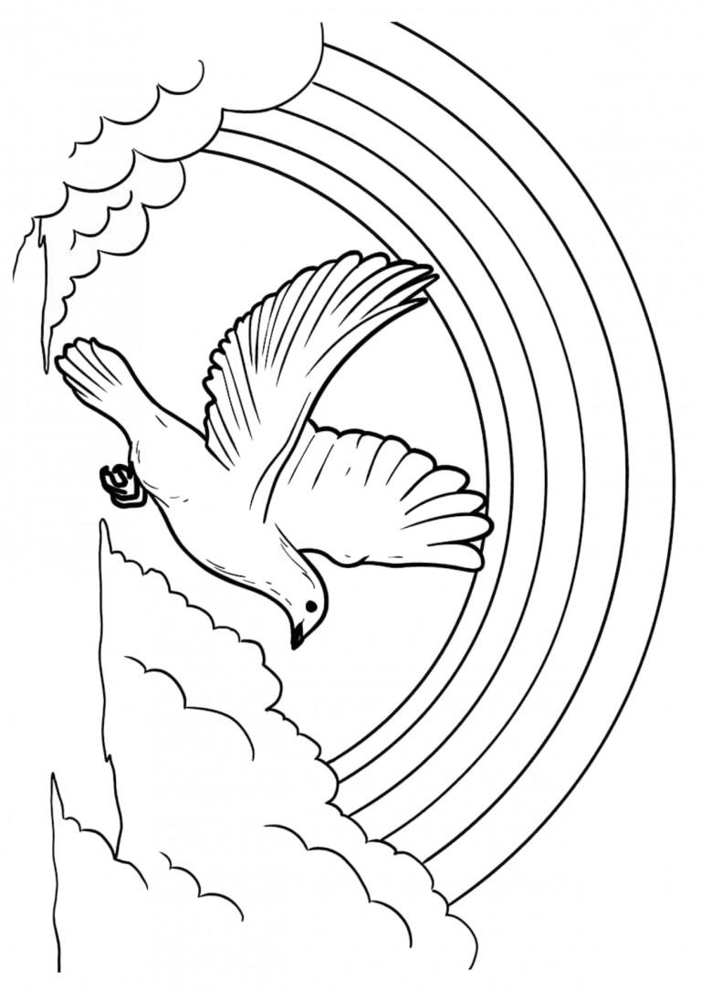 White dove flying and rainbow coloring page | BubaKids.com