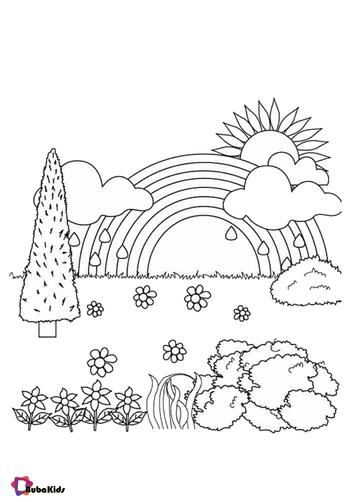 Rainbow sun cloud tree and flowers coloring pages Wallpaper