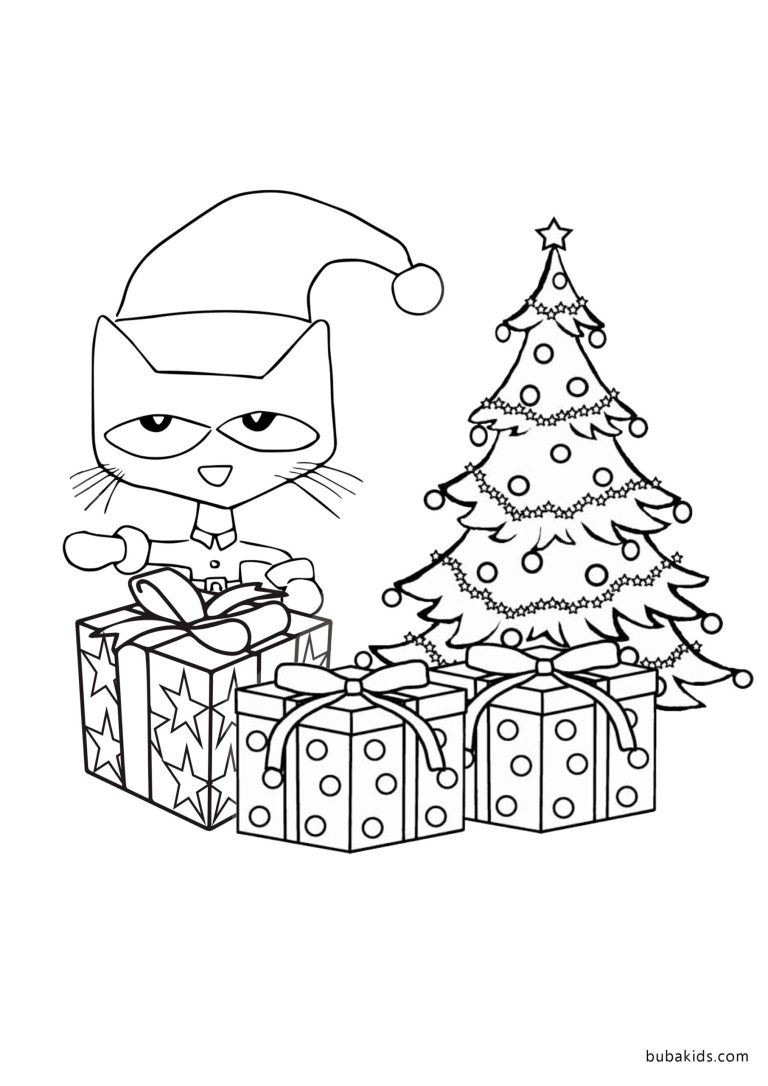 Pete the cat christmas gift coloring page | BubaKids.com