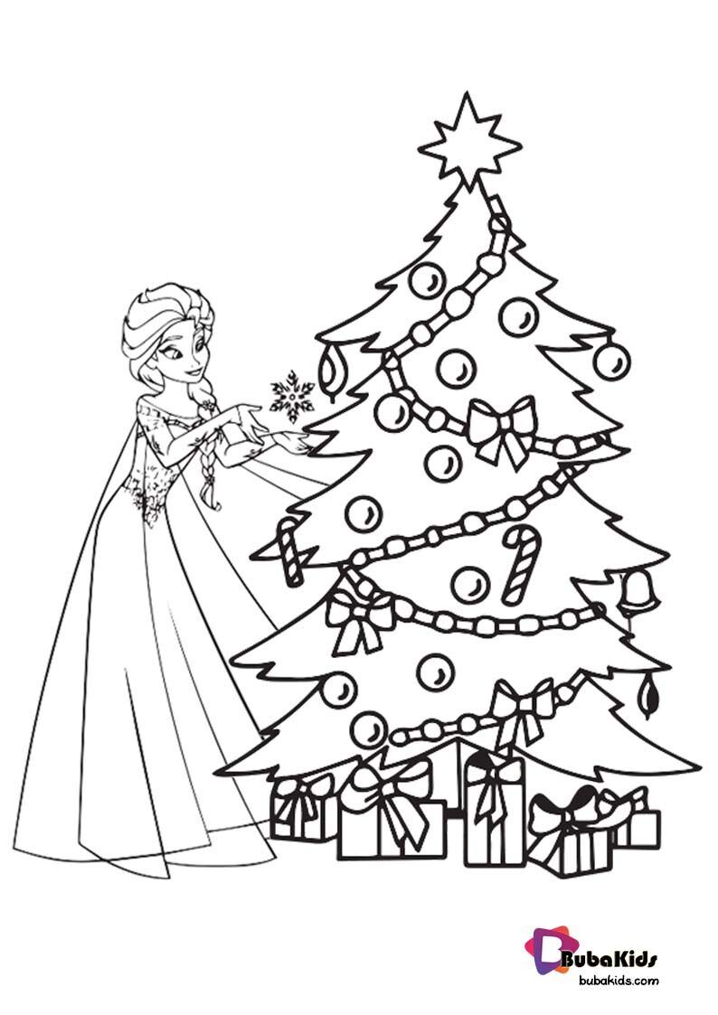 Princess elsa and christmas tree coloring page