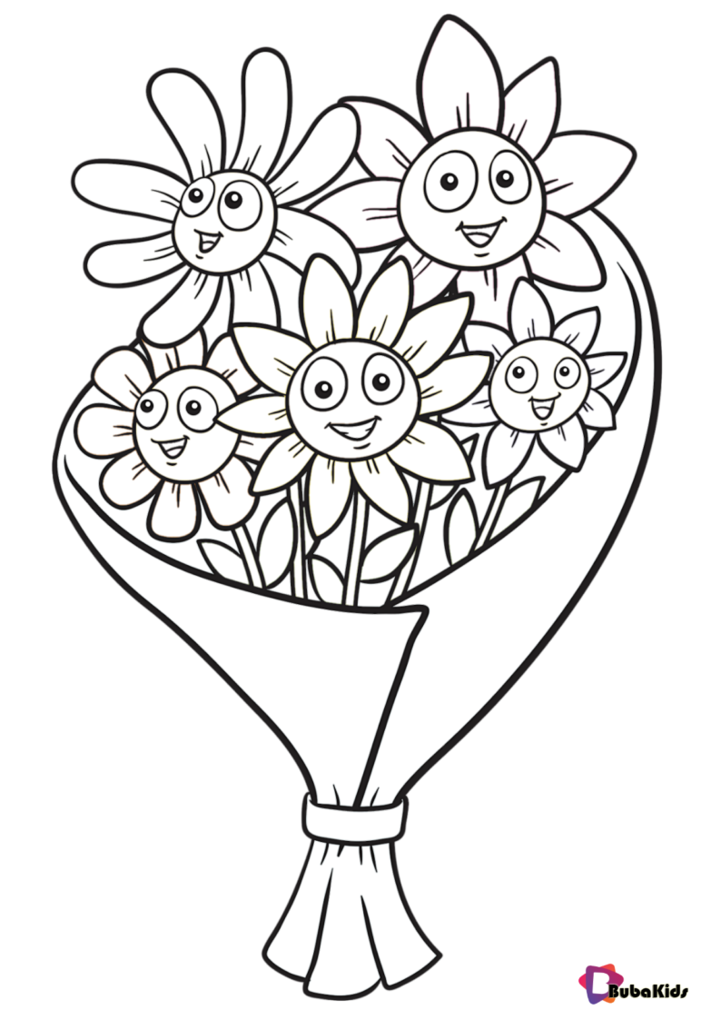 Smiling flowers easy coloring pages for preschoolers