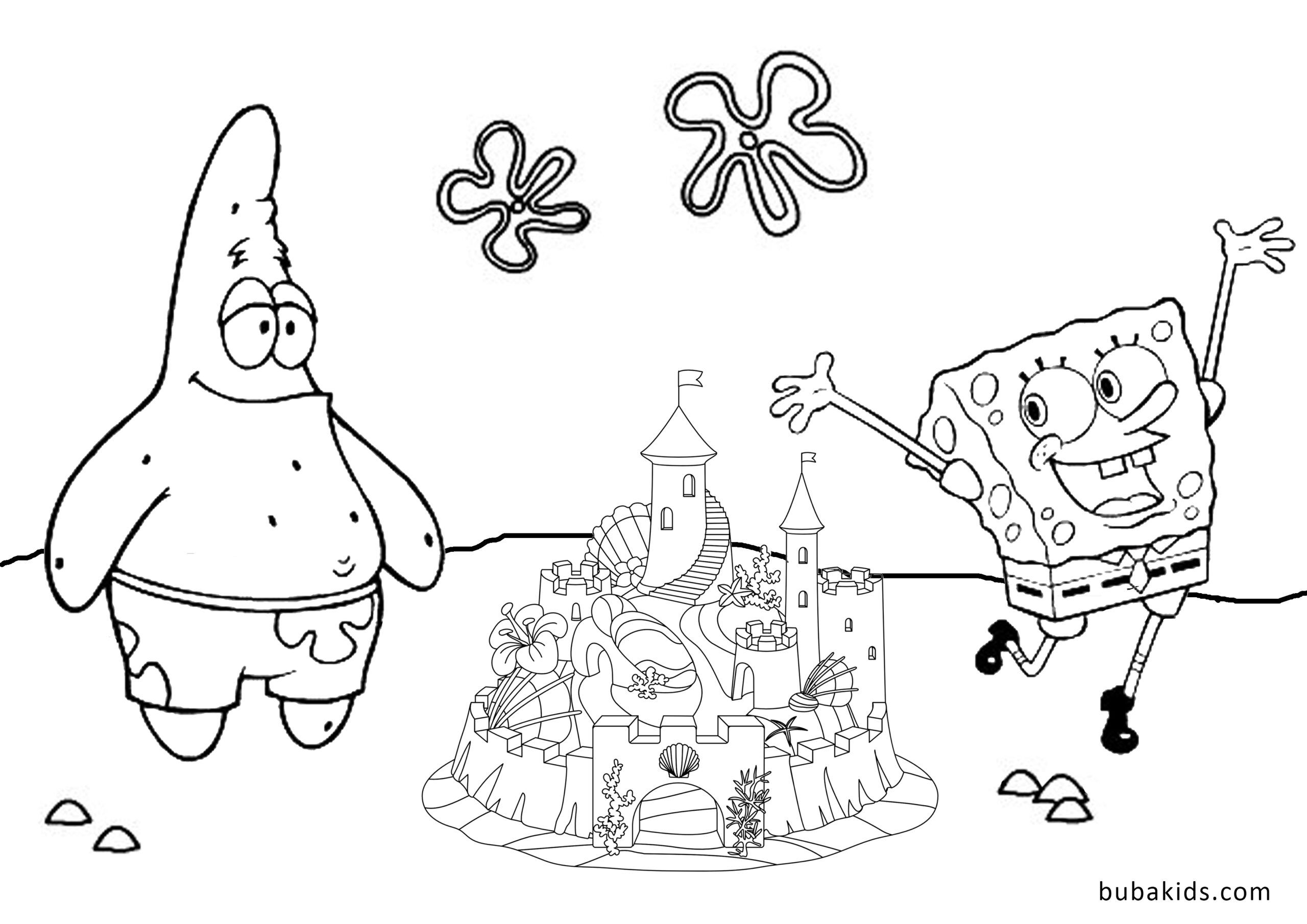 Summer coloring pages Spongebob and Patrick sand castle at beach Wallpaper