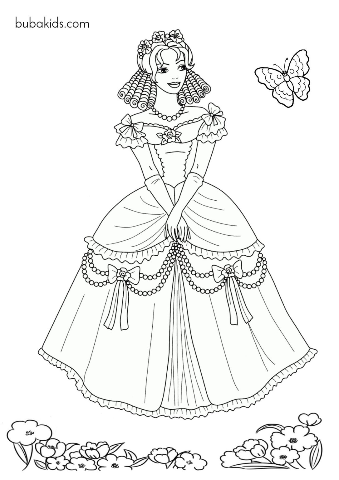 beautiful princess with adorable curly hair coloring page | BubaKids.com